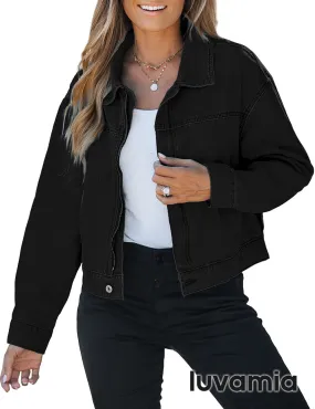 luvamia Oversized Jean Jacket Women Cropped Zip Up Denim Jackets Lightweight Trucker Shacket with Pockets Western Trendy