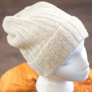 100% Pashmina Cashmere Beanie - Handknit Winter Hat from Ladakh Himalayas | Unisex, Cream, Large