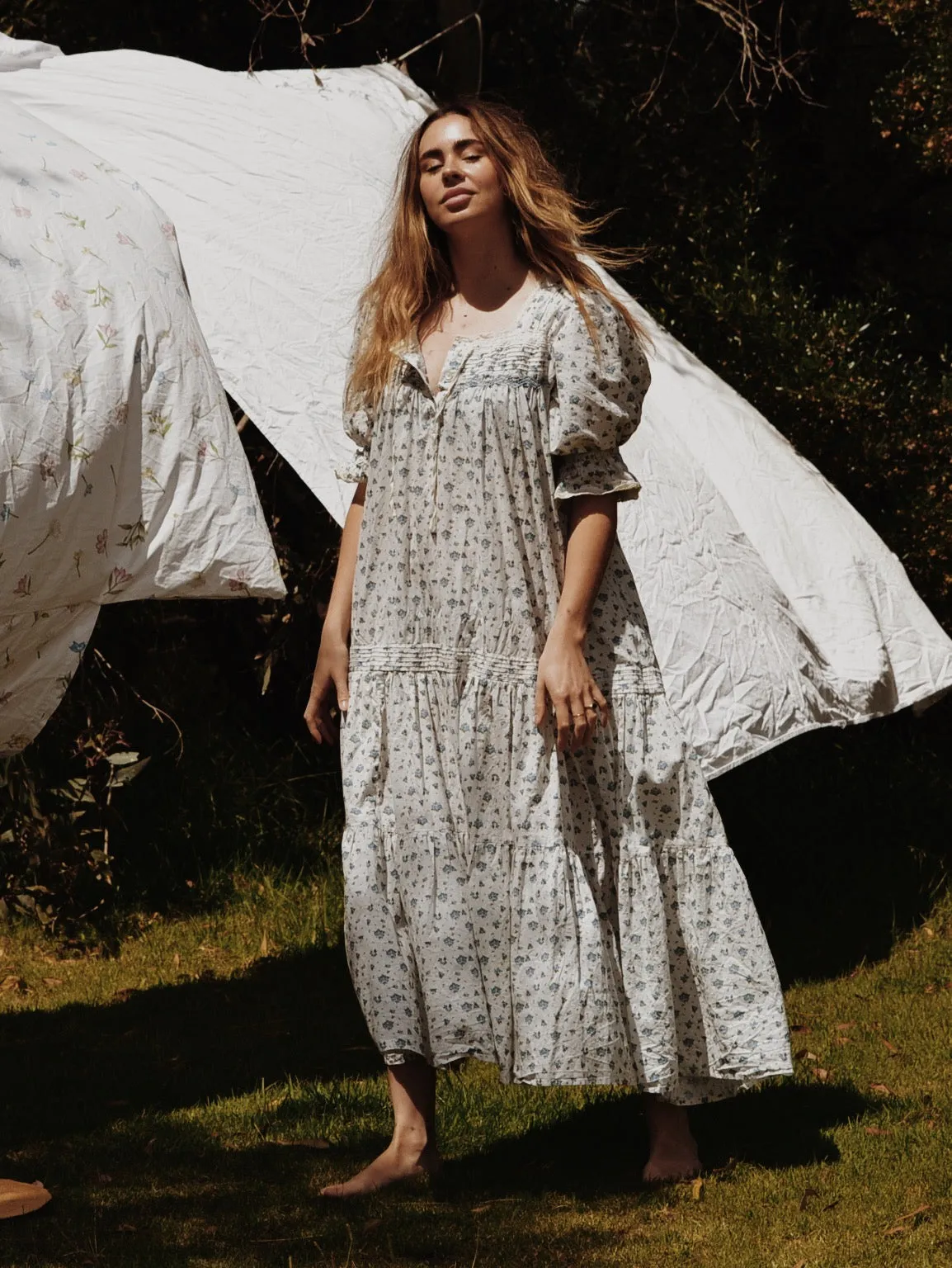 100% RECYCLED COTTON - MORNING SONG HAND SMOCKED TIERED MAXI DRESS - BLUE ROSE FLORAL