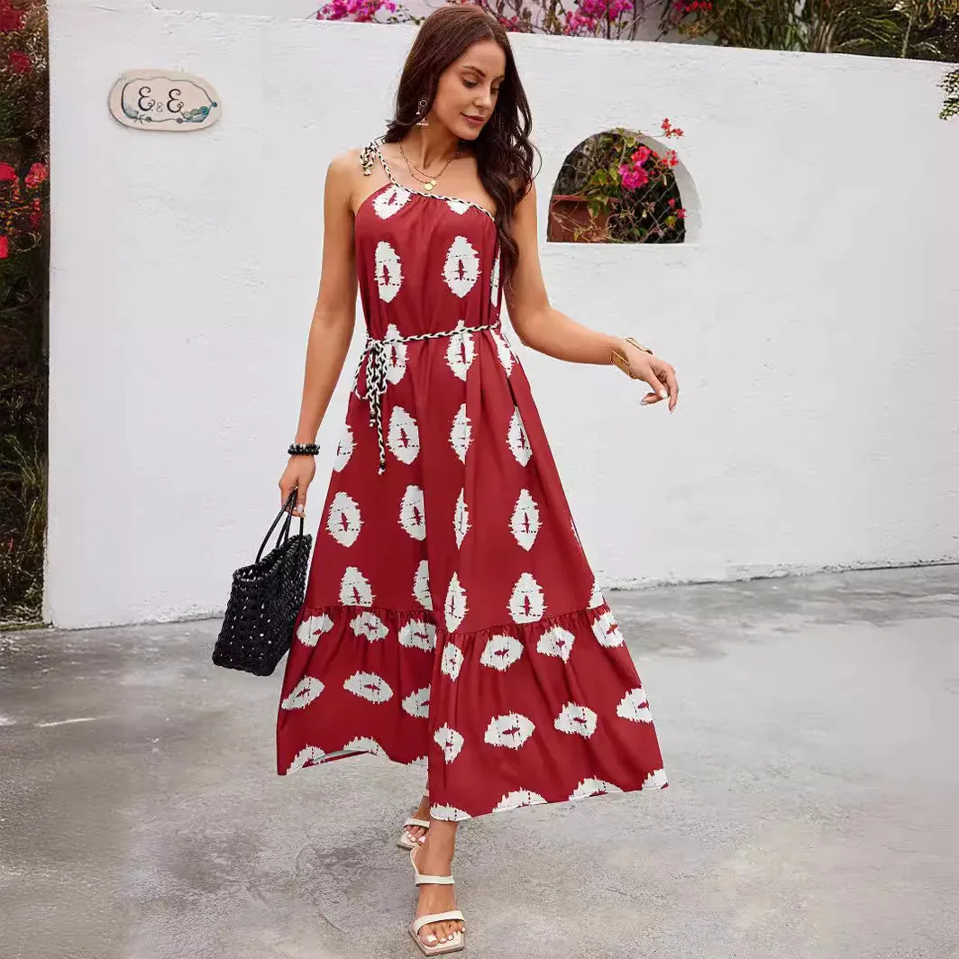 2024 Spring Summer New Fashion Shoulder Strap Female Color Diagonal Maxi Dress for Women