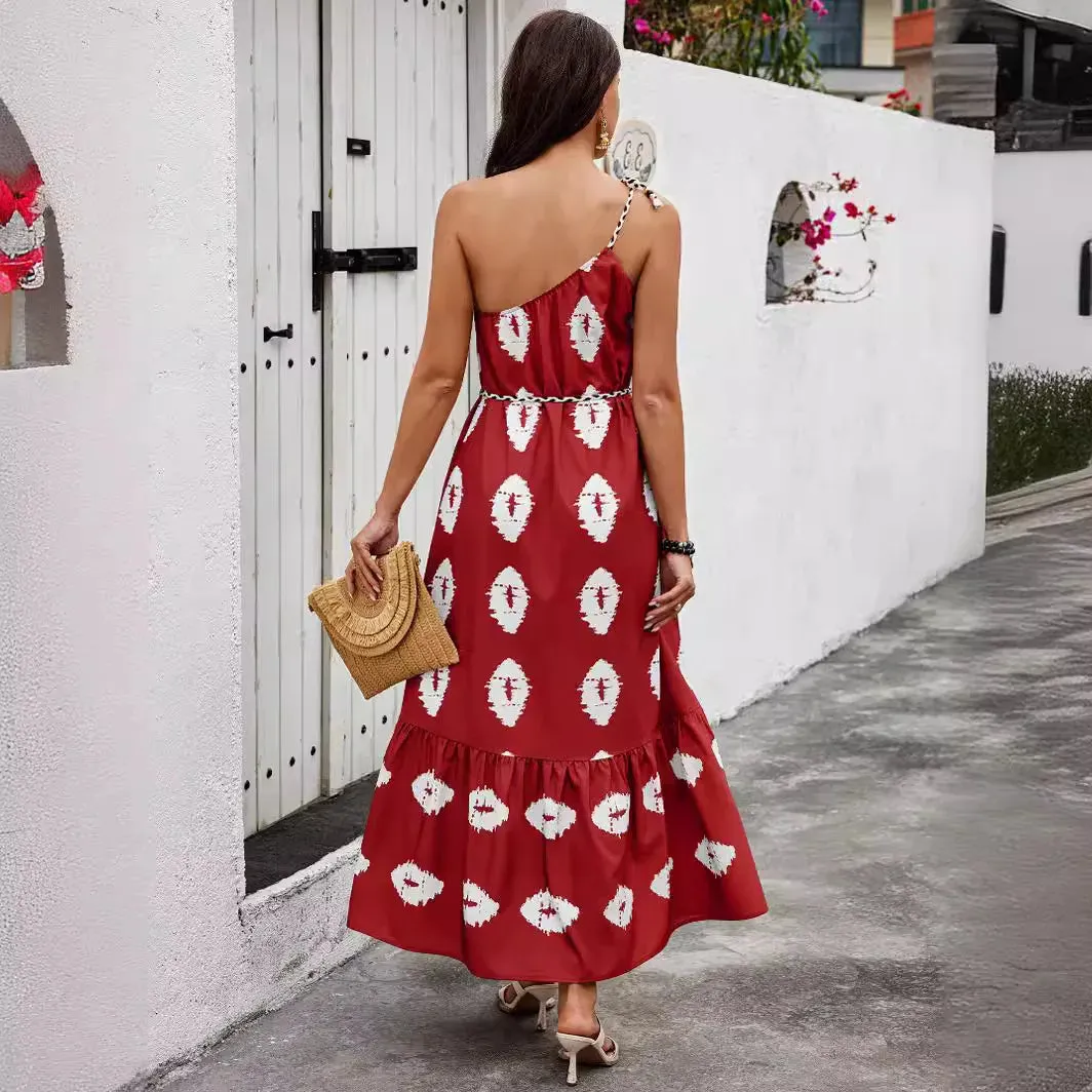 2024 Spring Summer New Fashion Shoulder Strap Female Color Diagonal Maxi Dress for Women