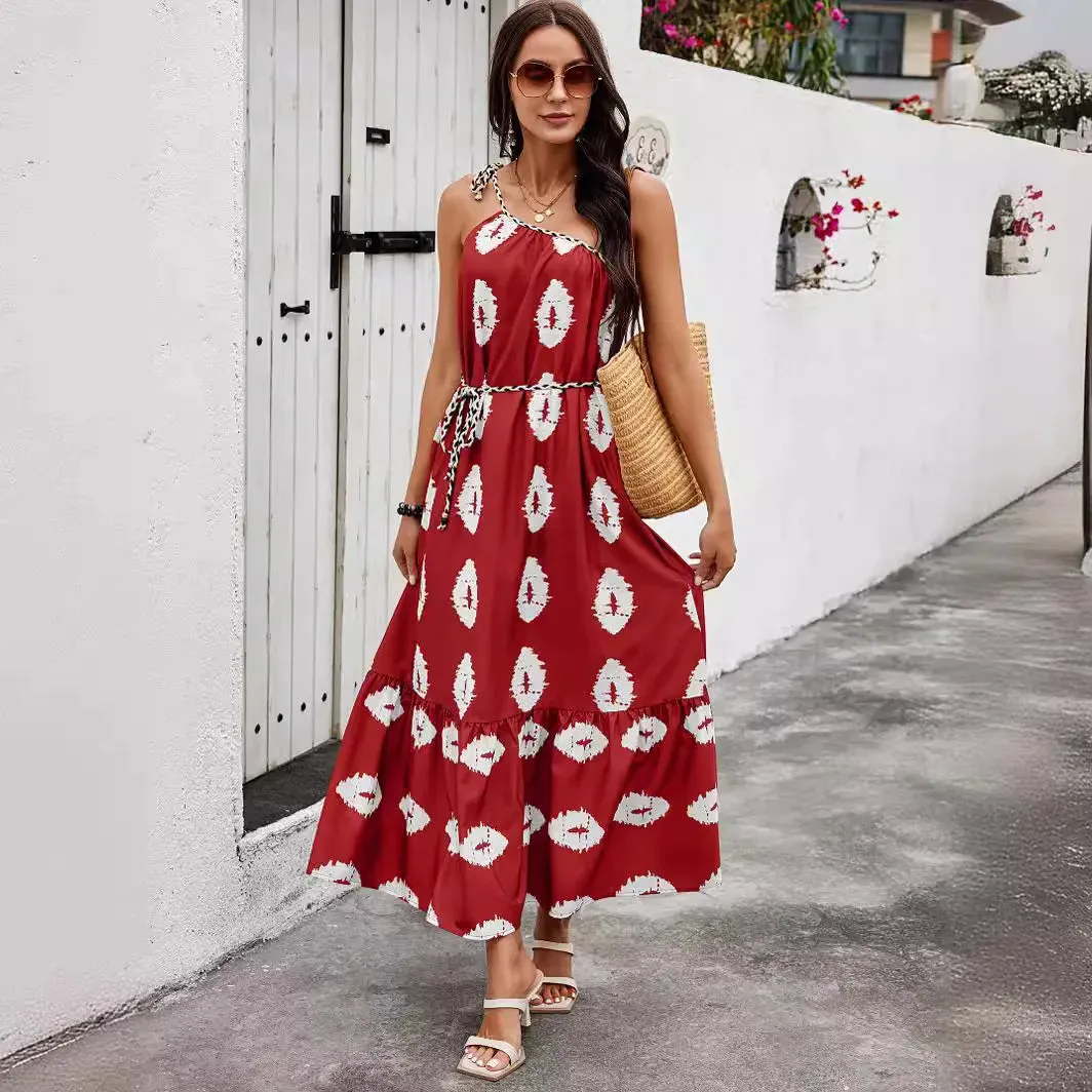 2024 Spring Summer New Fashion Shoulder Strap Female Color Diagonal Maxi Dress for Women