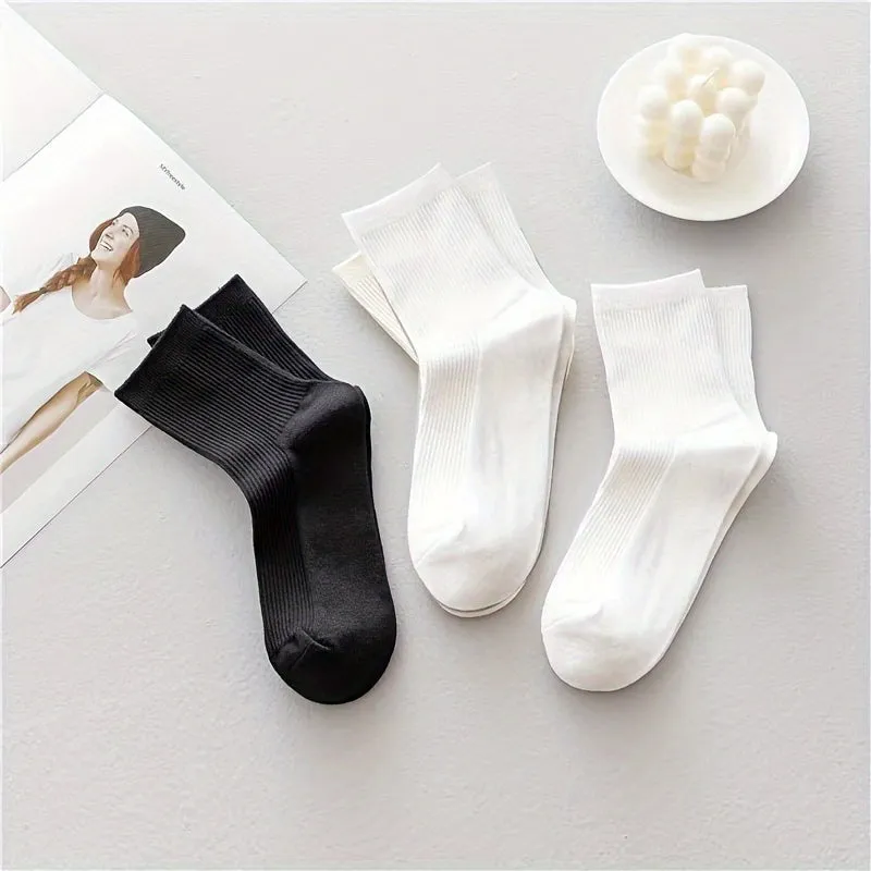 6 Pairs Of Autumn And Winter Thickened Men's Black And White Solid Color Mid-tube Socks