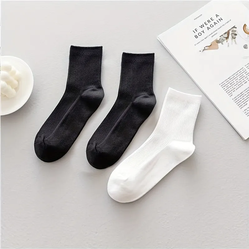 6 Pairs Of Autumn And Winter Thickened Men's Black And White Solid Color Mid-tube Socks