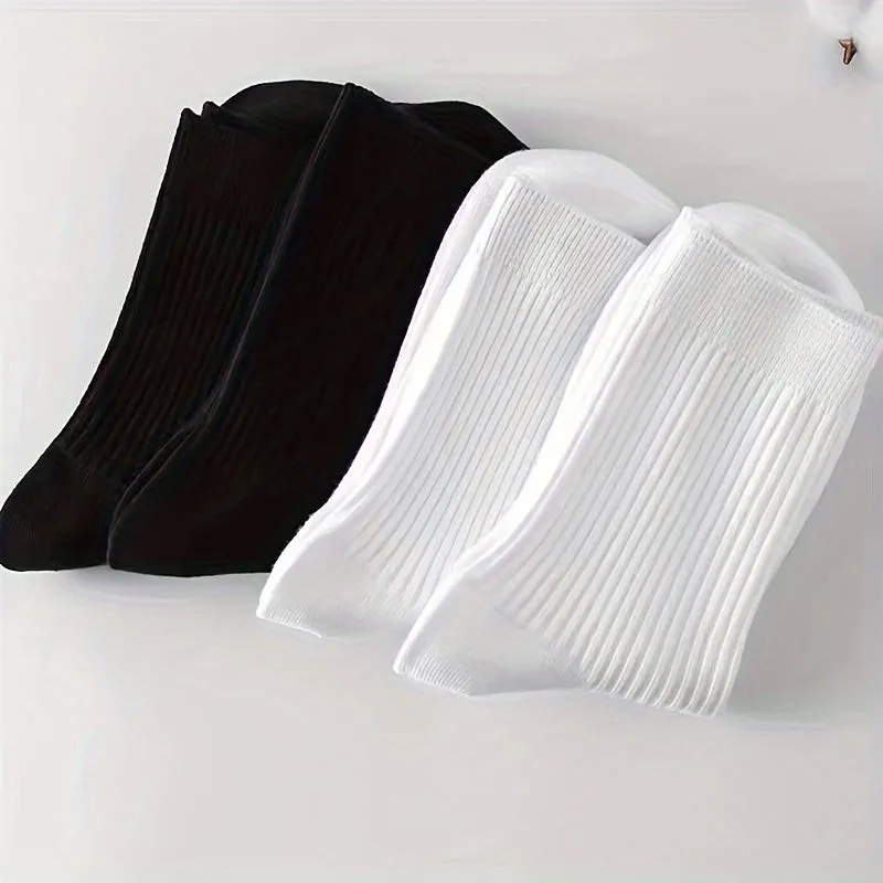 6 Pairs Of Autumn And Winter Thickened Men's Black And White Solid Color Mid-tube Socks