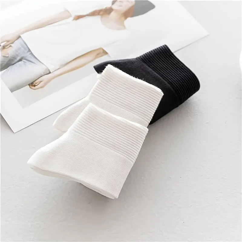 6 Pairs Of Autumn And Winter Thickened Men's Black And White Solid Color Mid-tube Socks