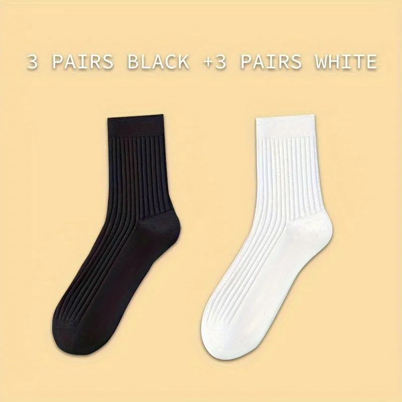 6 Pairs Of Autumn And Winter Thickened Men's Black And White Solid Color Mid-tube Socks