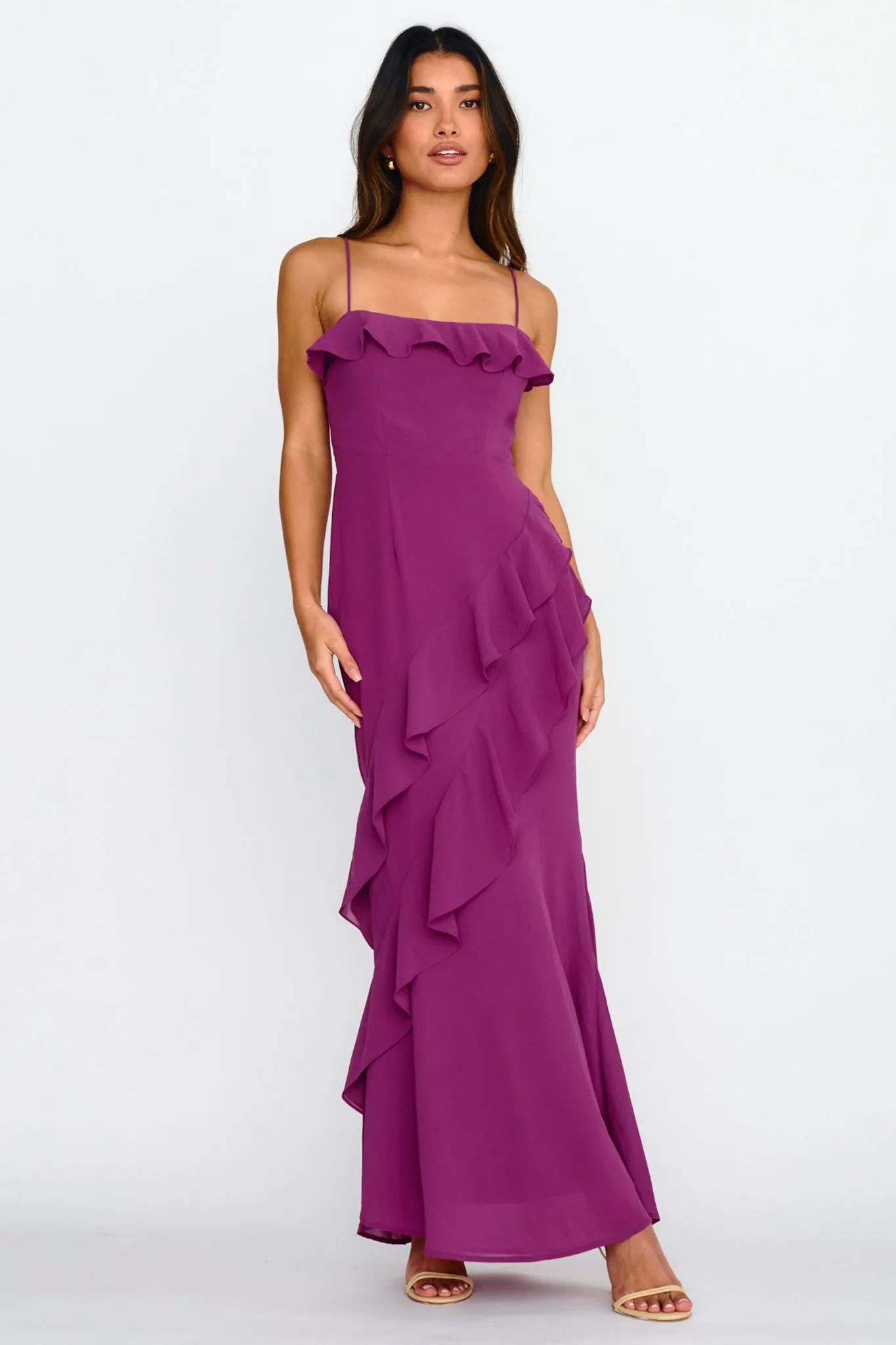 Actual Sunshine Ruffle Trim Maxi Dress Plum