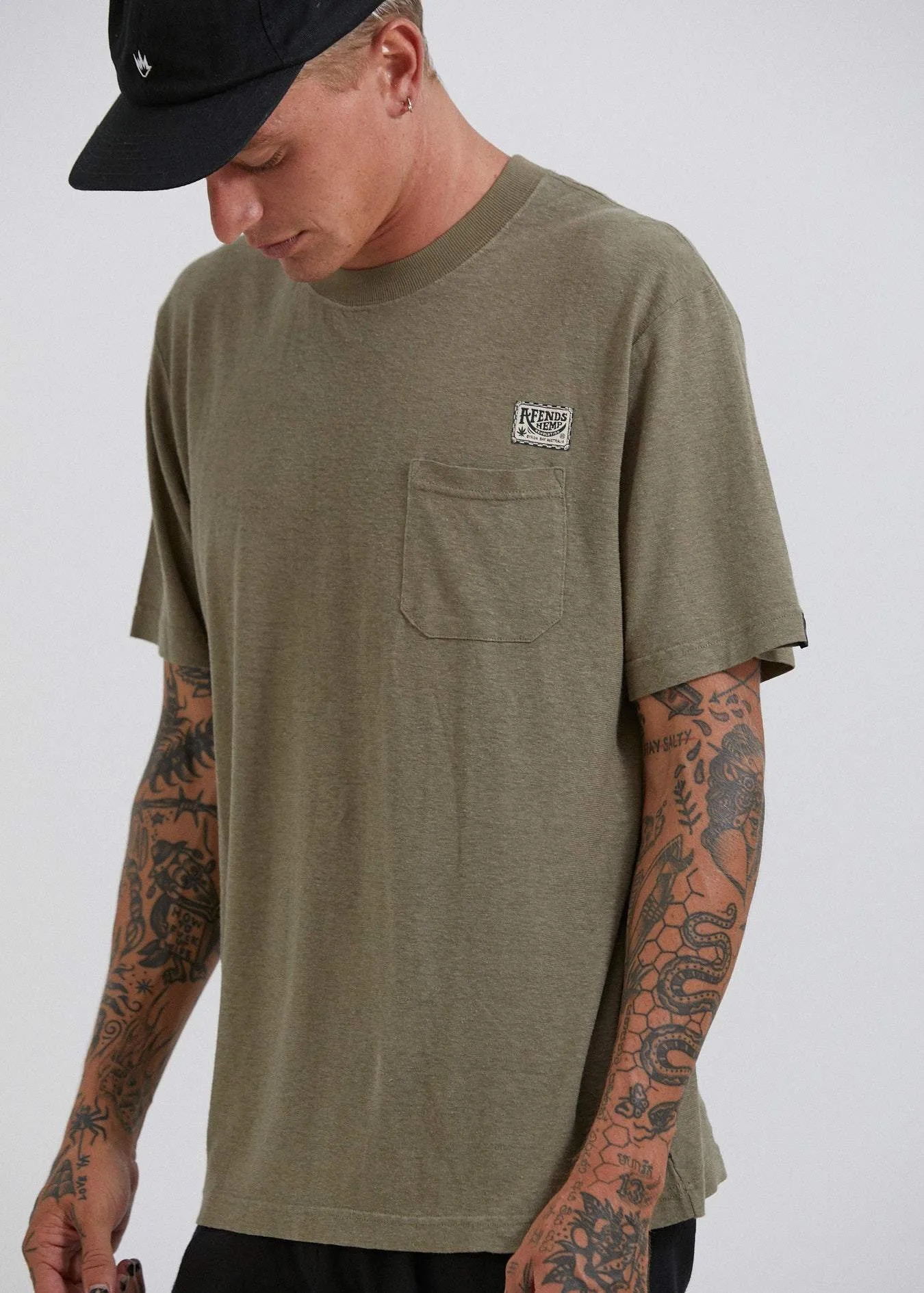 Afends Mens Heritage - Hemp Retro Fit Tee - Covert Green