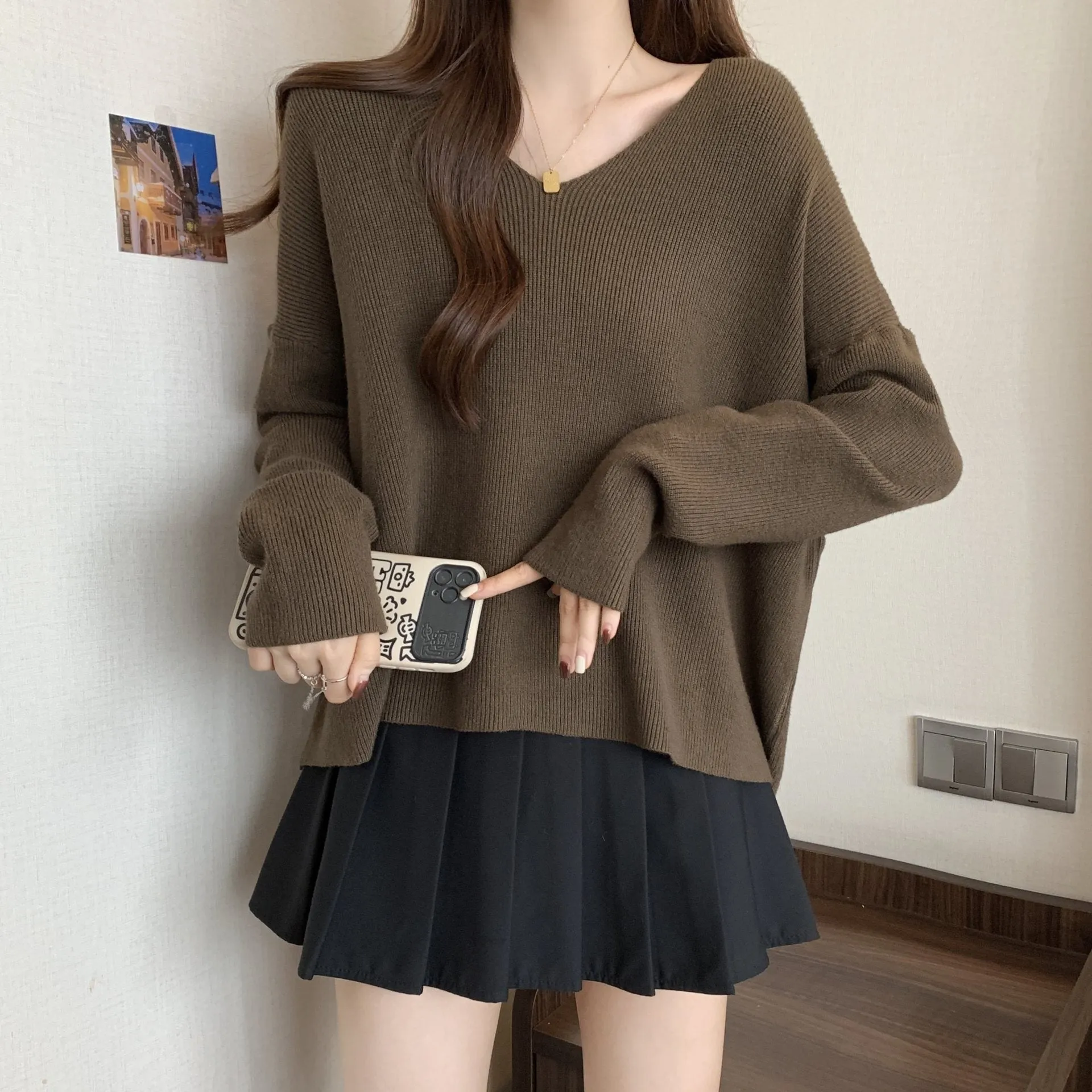 Aiertu duo costumes Plus Size V-neck Sweater Women's Autumn and Winter Lazy Style Chubby Girl Loose Slimming Batwing Sleeve Pullover Sweater