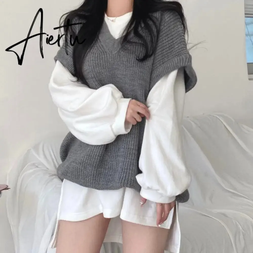 Aiertu  Korean Fashion Casual Two Piece Set Women Elegant Loose Sweatshirt Tops   Knitted Vest Vintage Ensemble Femme 2 Piece Outfits