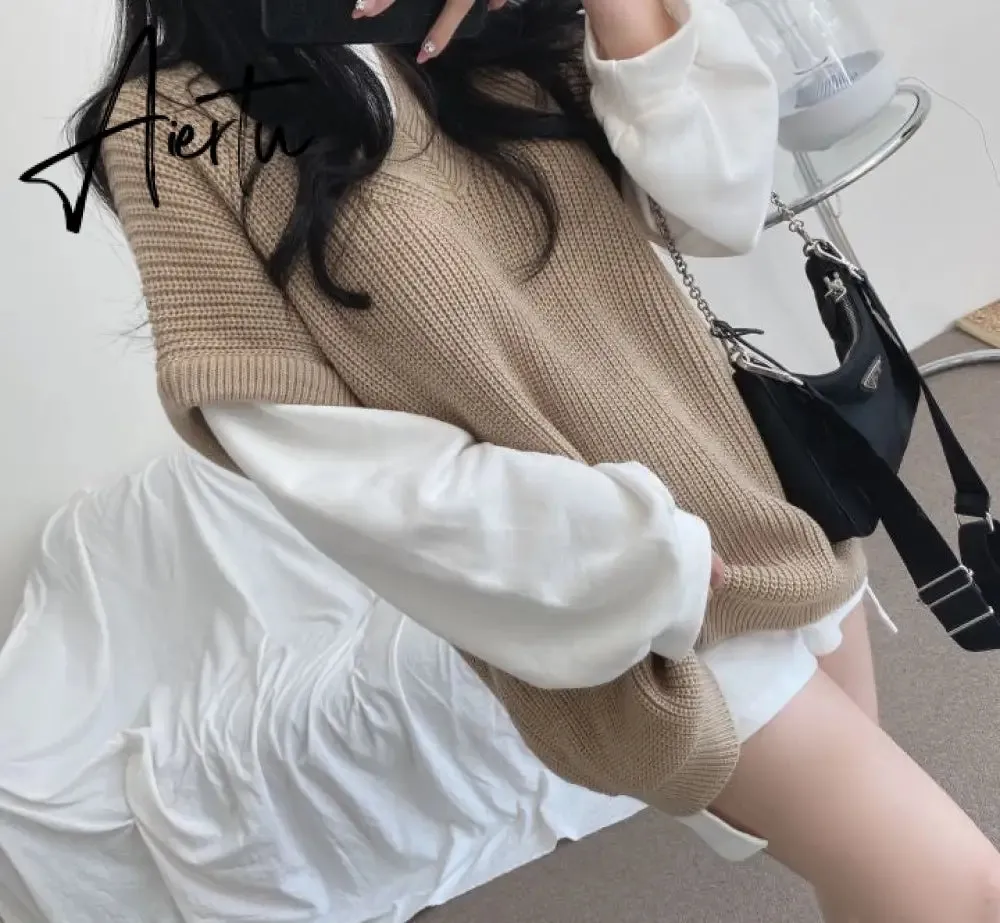 Aiertu  Korean Fashion Casual Two Piece Set Women Elegant Loose Sweatshirt Tops   Knitted Vest Vintage Ensemble Femme 2 Piece Outfits