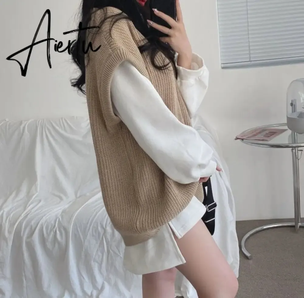 Aiertu  Korean Fashion Casual Two Piece Set Women Elegant Loose Sweatshirt Tops   Knitted Vest Vintage Ensemble Femme 2 Piece Outfits