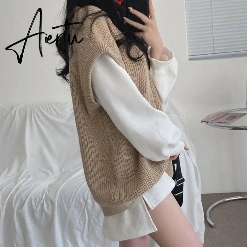 Aiertu  Korean Fashion Casual Two Piece Set Women Elegant Loose Sweatshirt Tops   Knitted Vest Vintage Ensemble Femme 2 Piece Outfits