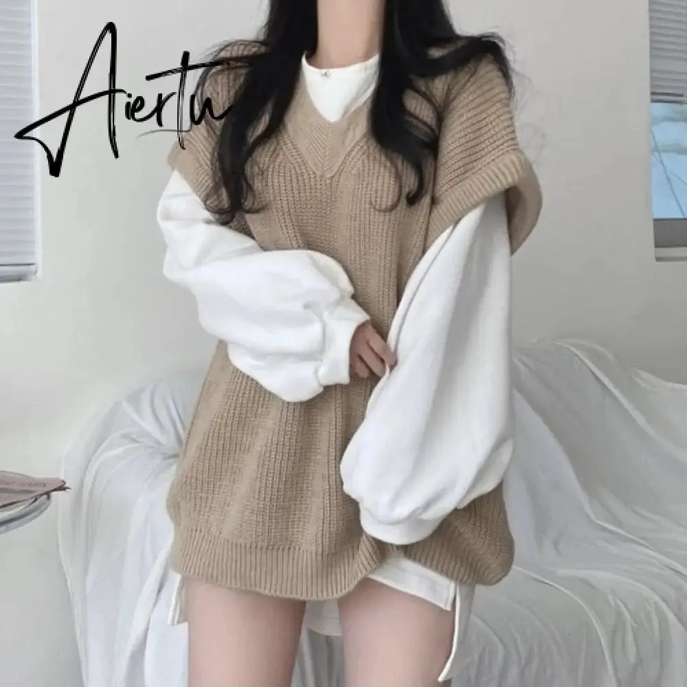 Aiertu  Korean Fashion Casual Two Piece Set Women Elegant Loose Sweatshirt Tops   Knitted Vest Vintage Ensemble Femme 2 Piece Outfits