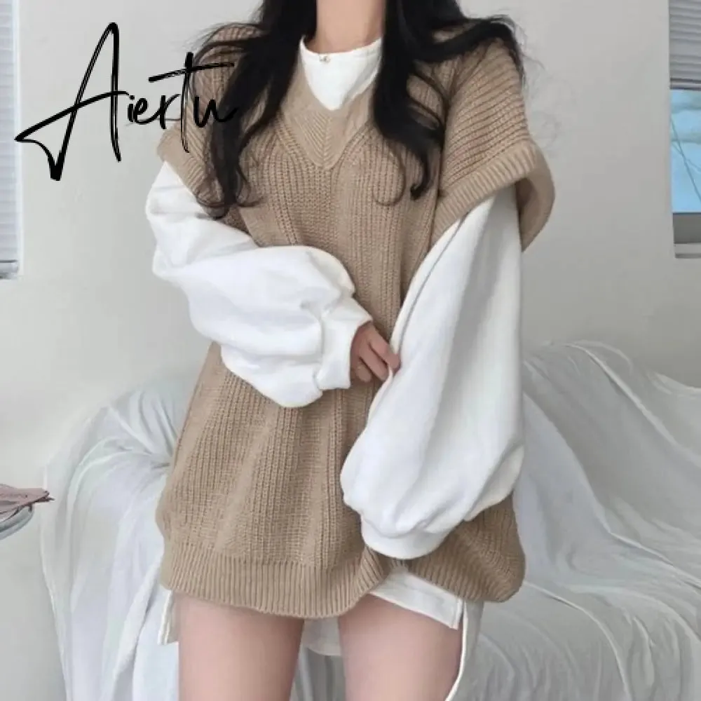 Aiertu  Korean Fashion Casual Two Piece Set Women Elegant Loose Sweatshirt Tops   Knitted Vest Vintage Ensemble Femme 2 Piece Outfits