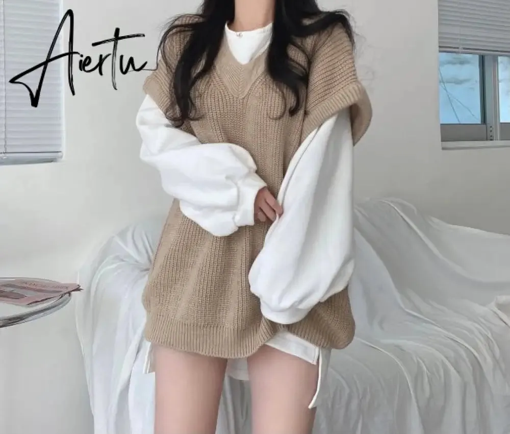 Aiertu  Korean Fashion Casual Two Piece Set Women Elegant Loose Sweatshirt Tops   Knitted Vest Vintage Ensemble Femme 2 Piece Outfits