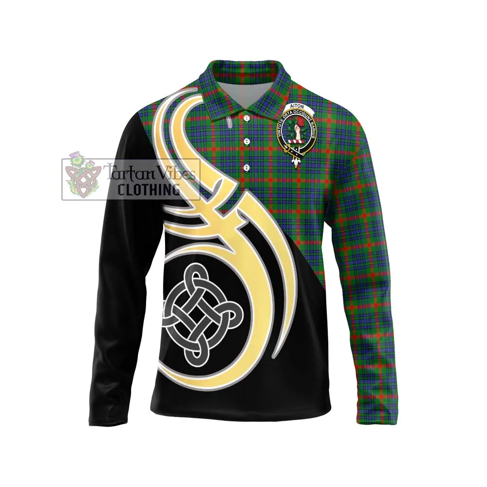 Aiton Tartan Long Sleeve Polo Shirt with Family Crest and Celtic Symbol Style