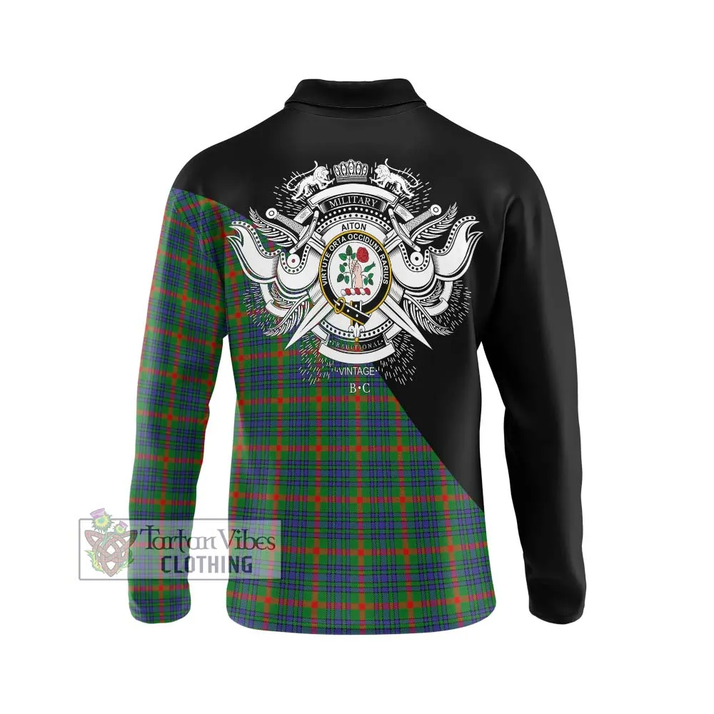 Aiton Tartan Long Sleeve Polo Shirt with Family Crest and Military Logo Style