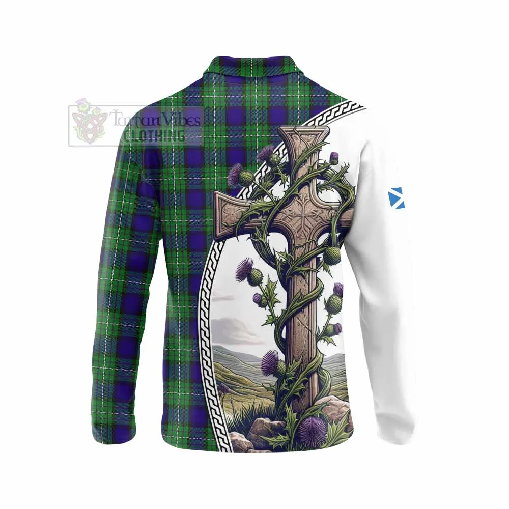 Alexander Tartan Long Sleeve Polo Shirt with Family Crest and St. Andrew's Cross Accented by Thistle Vines