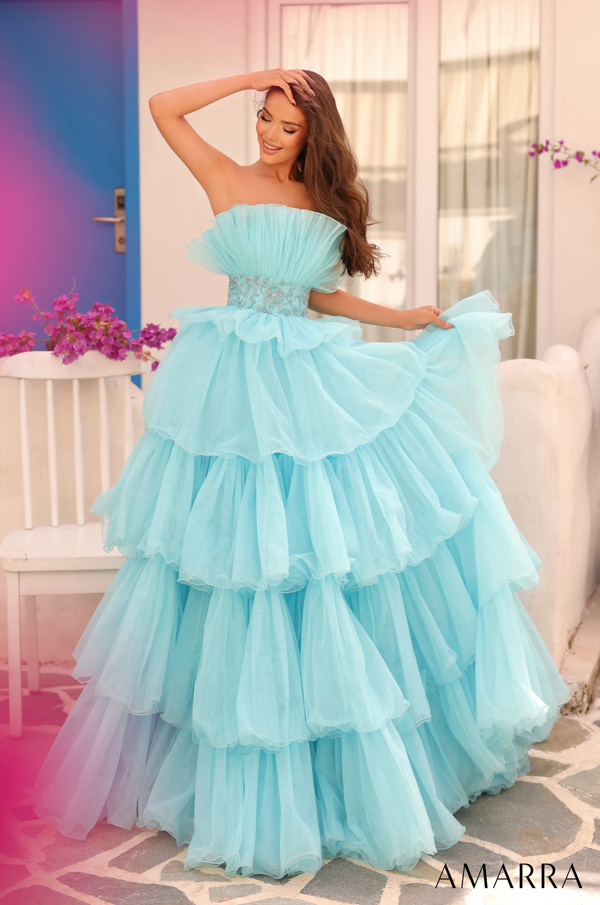 Amarra 88083 Layered Ballgown Prom Dress Fan neckline embellished waistline pageant gown