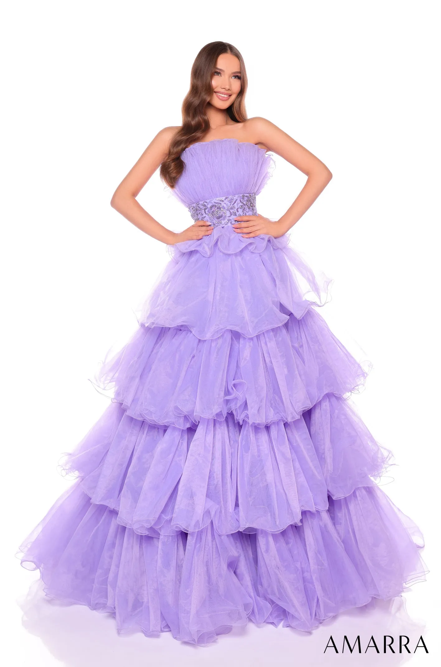 Amarra 88083 Layered Ballgown Prom Dress Fan neckline embellished waistline pageant gown