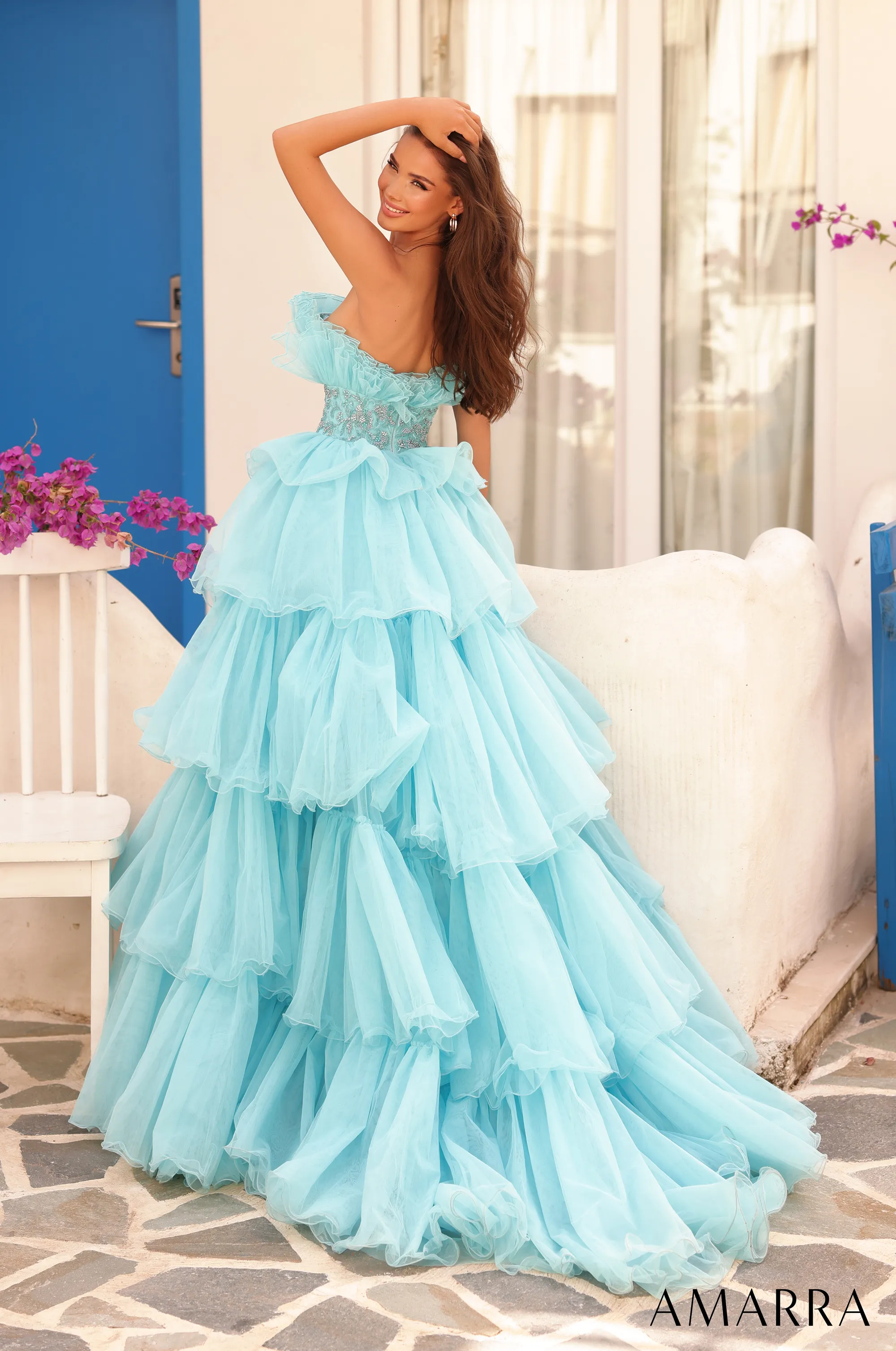 Amarra 88083 Layered Ballgown Prom Dress Fan neckline embellished waistline pageant gown