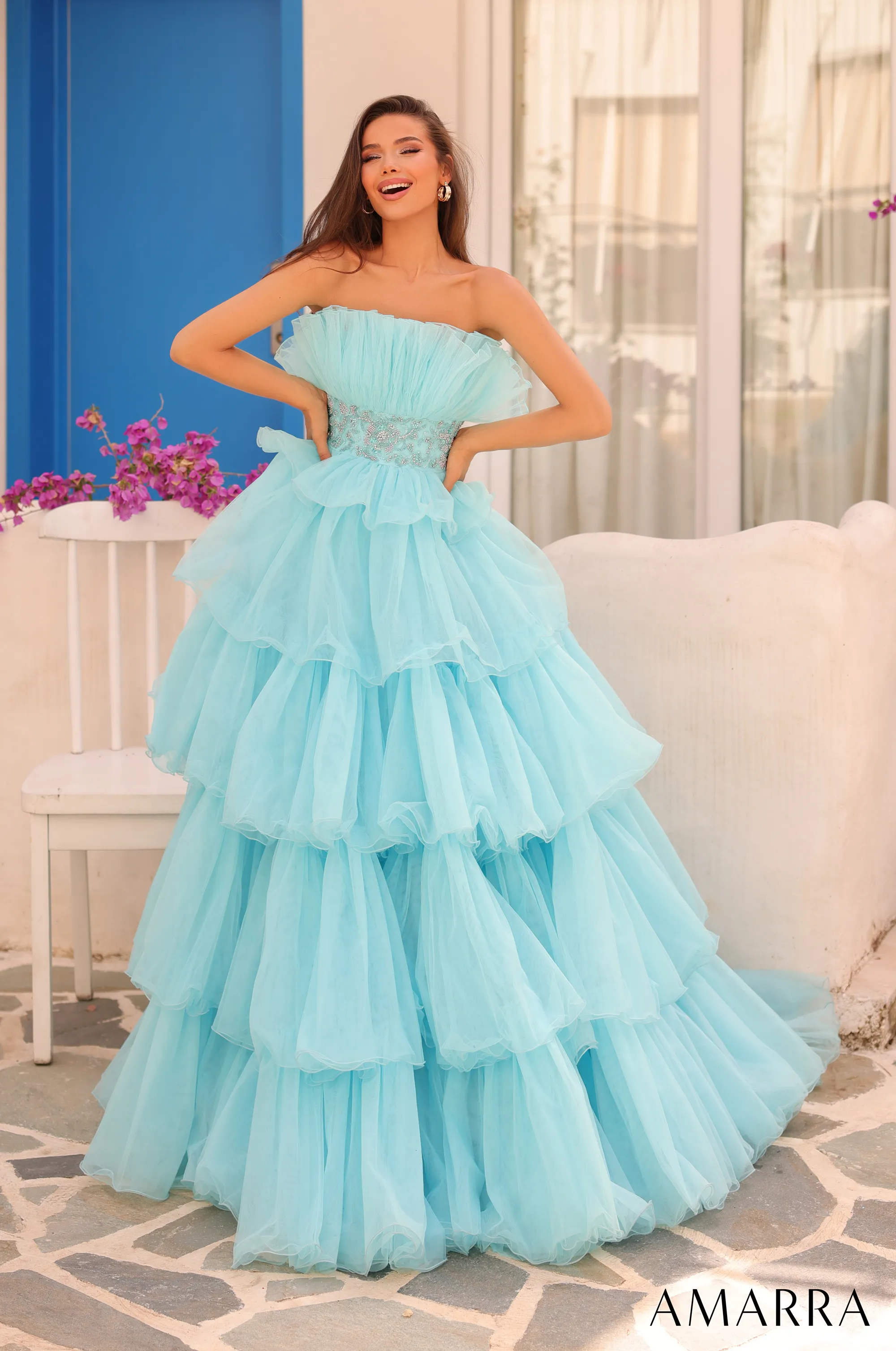 Amarra 88083 Layered Ballgown Prom Dress Fan neckline embellished waistline pageant gown