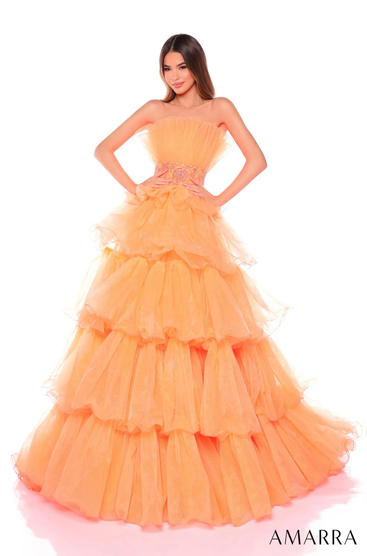 Amarra 88083 Layered Ballgown Prom Dress Fan neckline embellished waistline pageant gown