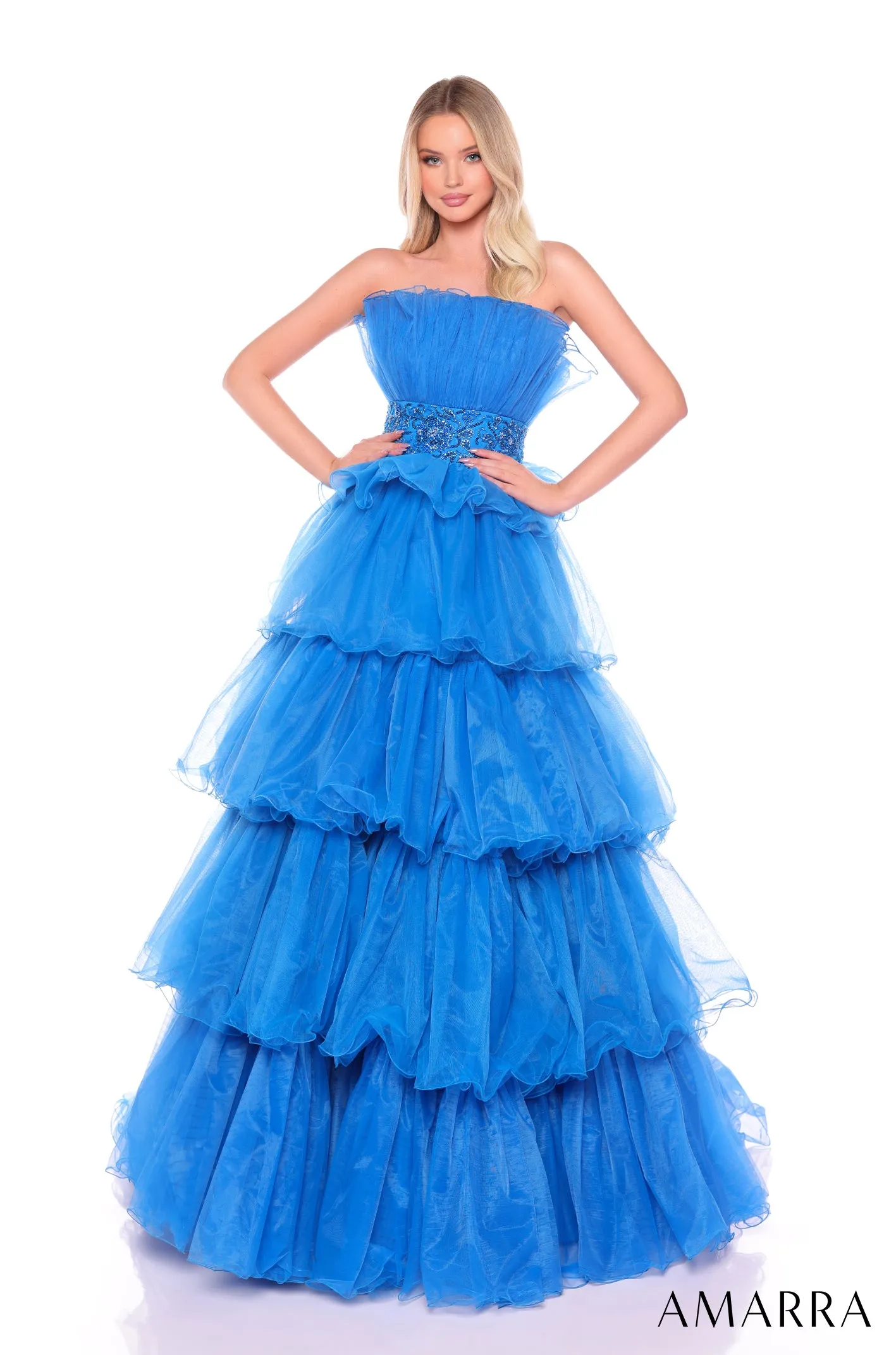 Amarra 88083 Layered Ballgown Prom Dress Fan neckline embellished waistline pageant gown