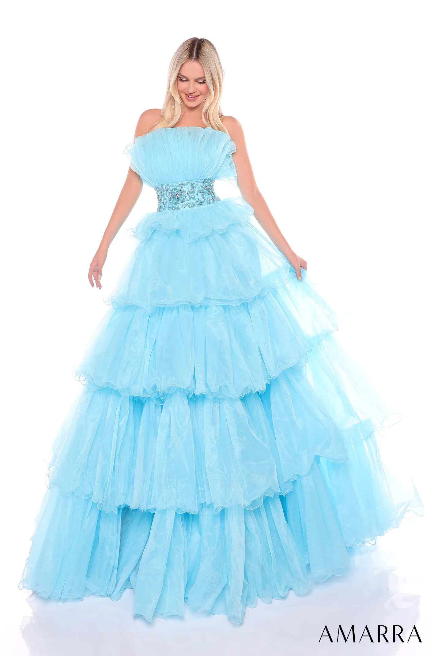 Amarra 88083 Layered Ballgown Prom Dress Fan neckline embellished waistline pageant gown