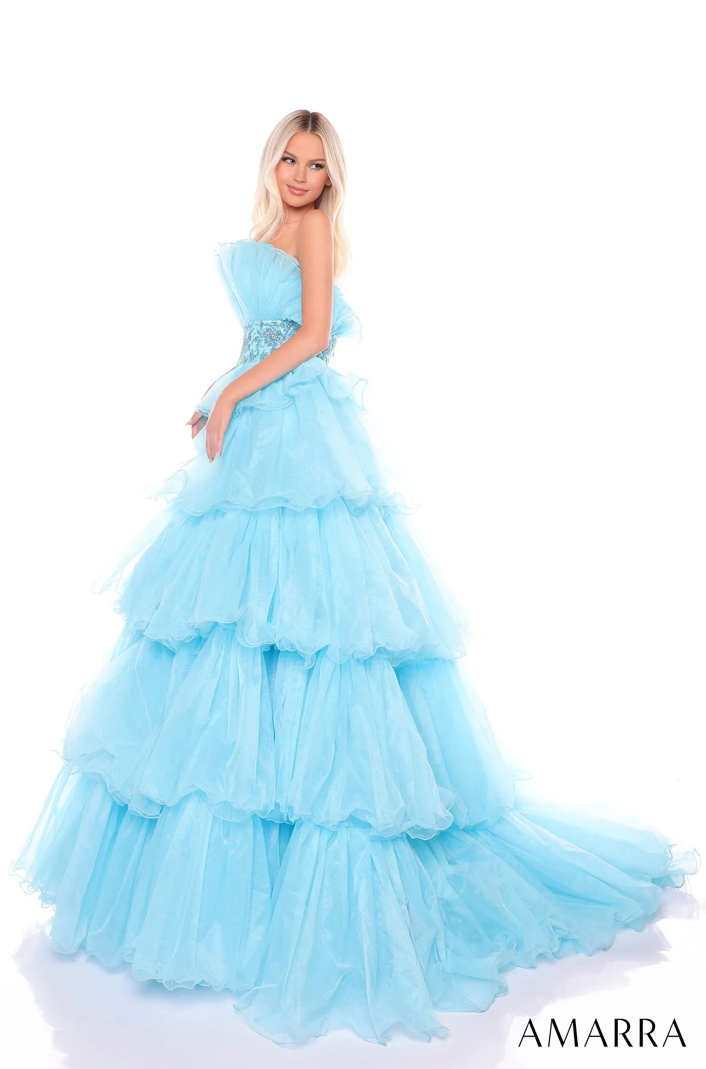 Amarra 88083 Layered Ballgown Prom Dress Fan neckline embellished waistline pageant gown