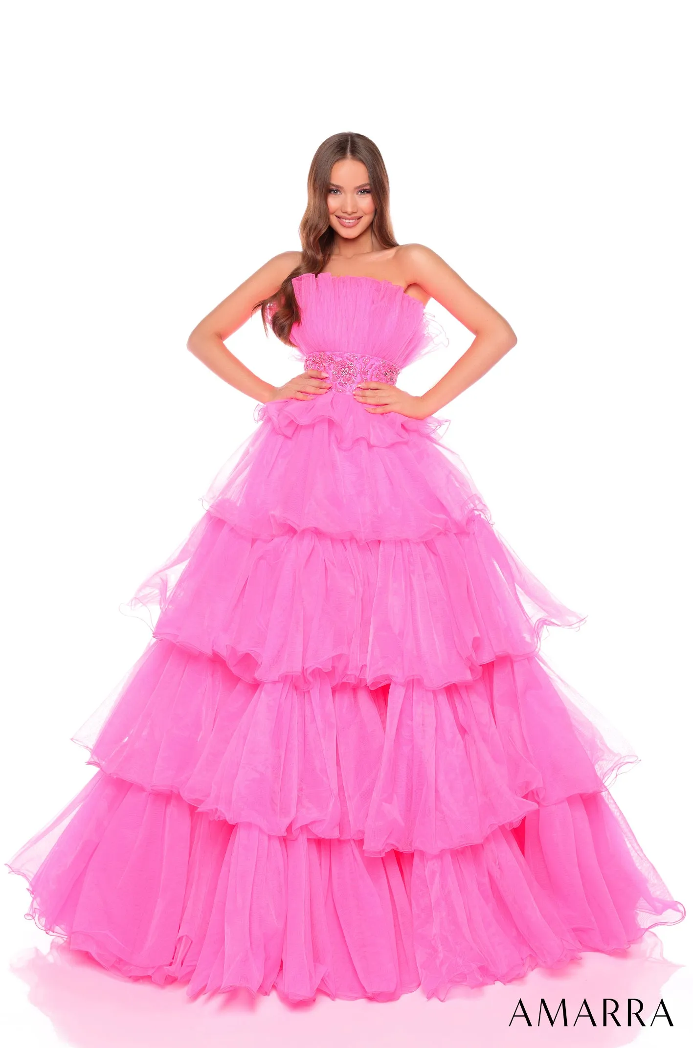 Amarra 88083 Layered Ballgown Prom Dress Fan neckline embellished waistline pageant gown