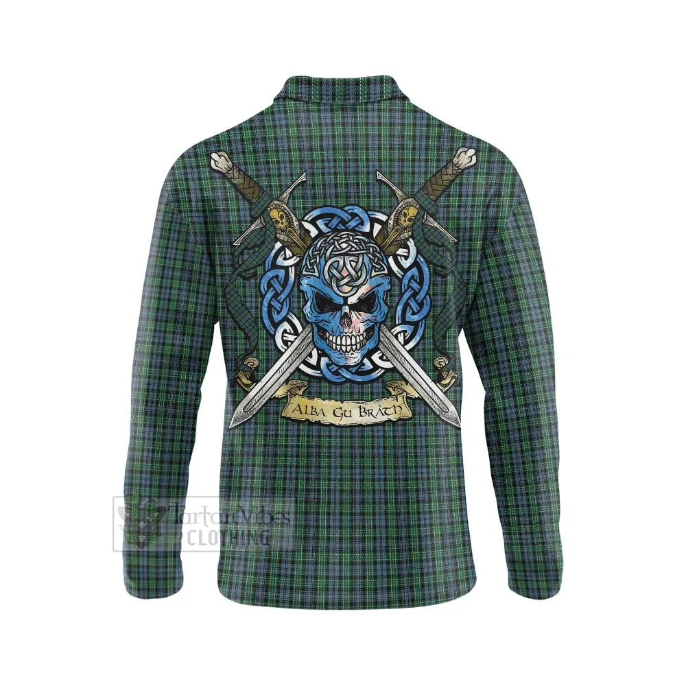 Arbuthnot Tartan Long Sleeve Polo Shirt with Family Crest Celtic Skull Style