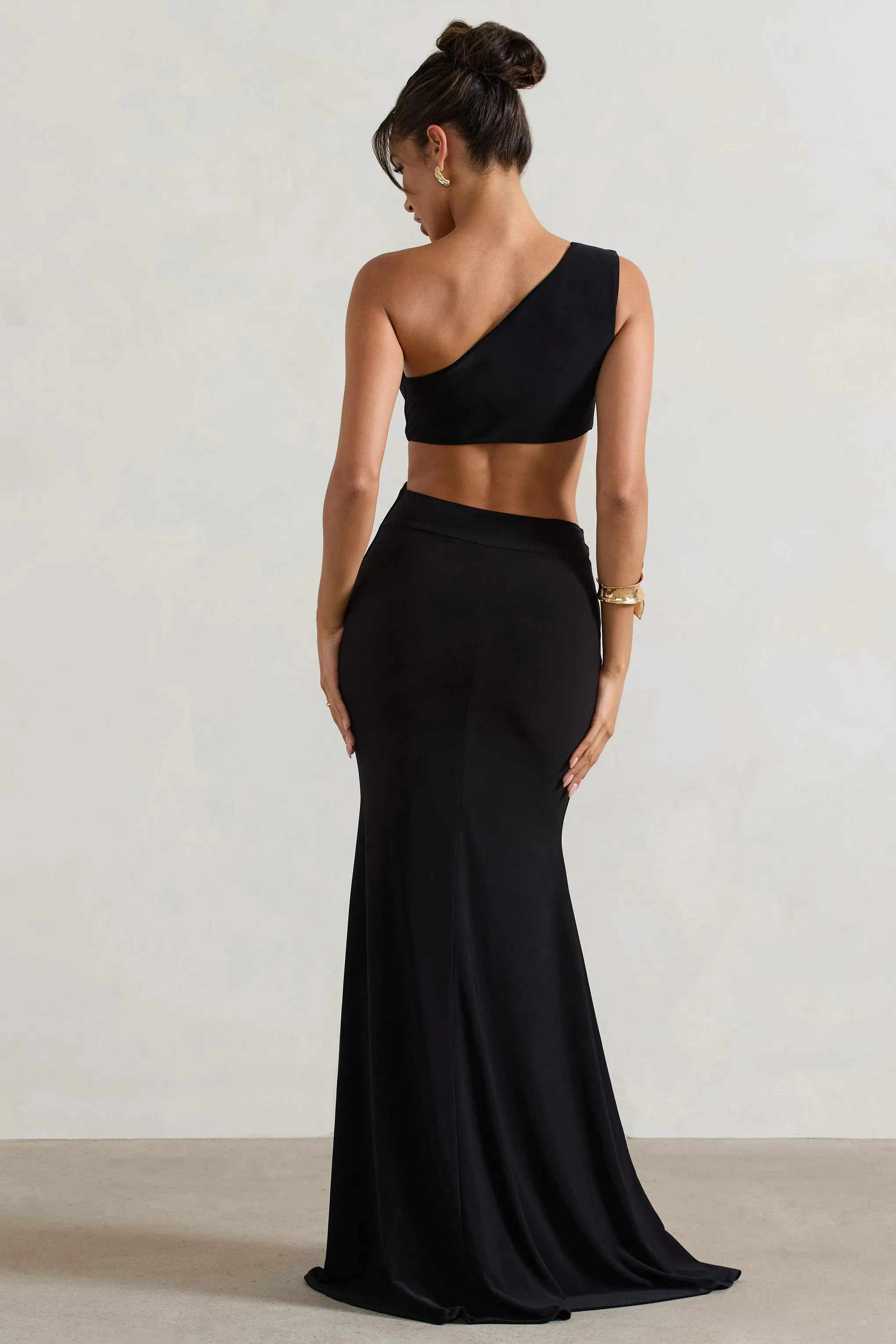 Aspyn | Black Asymmetric Twisted Cut-Out Fishtail Maxi Dress