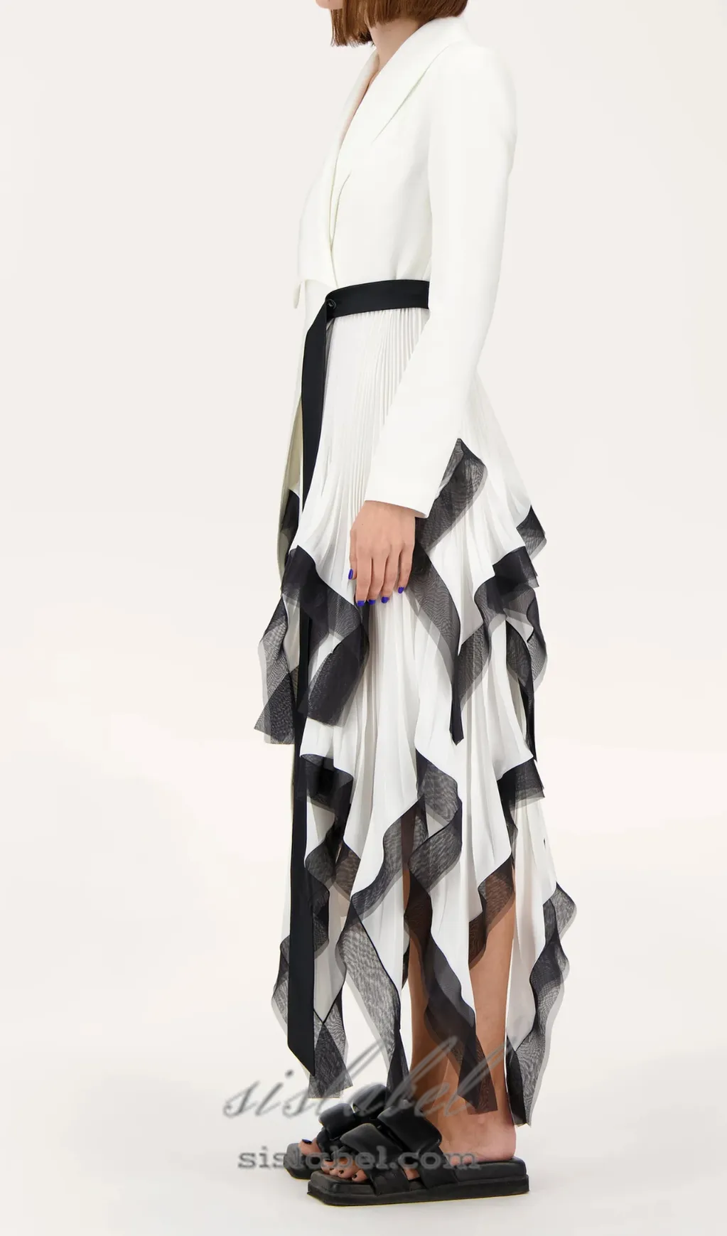 Asymmetric pleated ruffle trim blazer dress in white