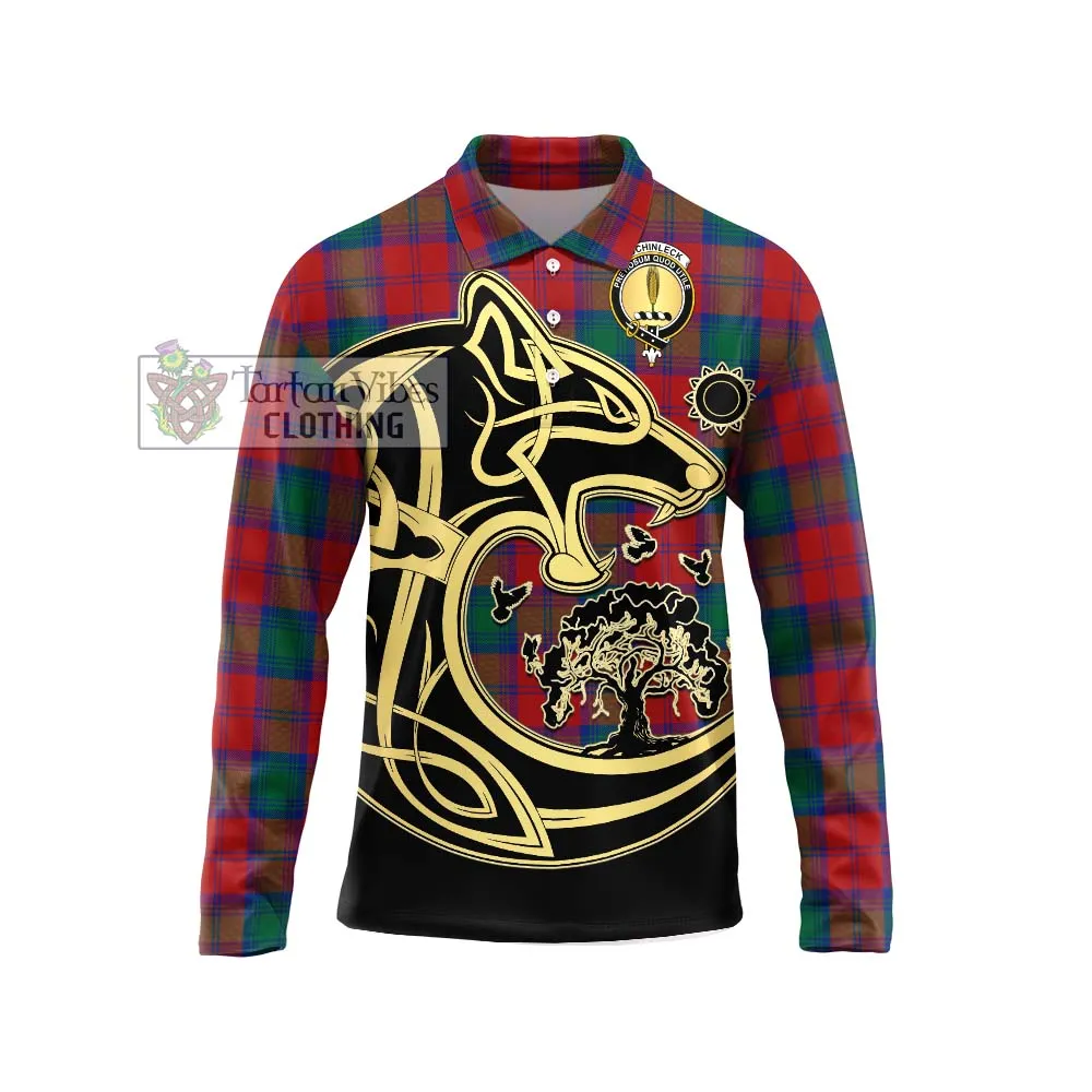 Auchinleck (Affleck) Tartan Long Sleeve Polo Shirt with Family Crest Celtic Wolf Style