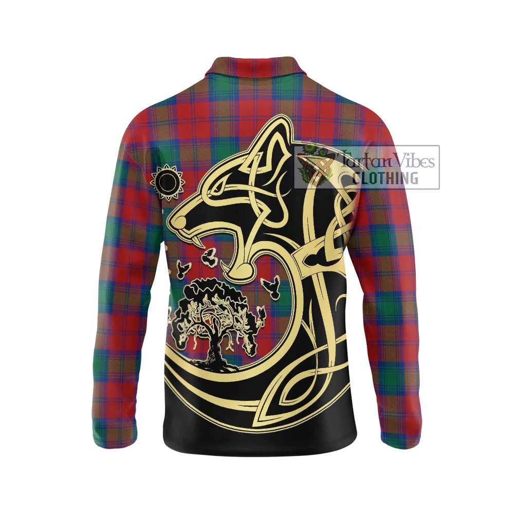 Auchinleck (Affleck) Tartan Long Sleeve Polo Shirt with Family Crest Celtic Wolf Style