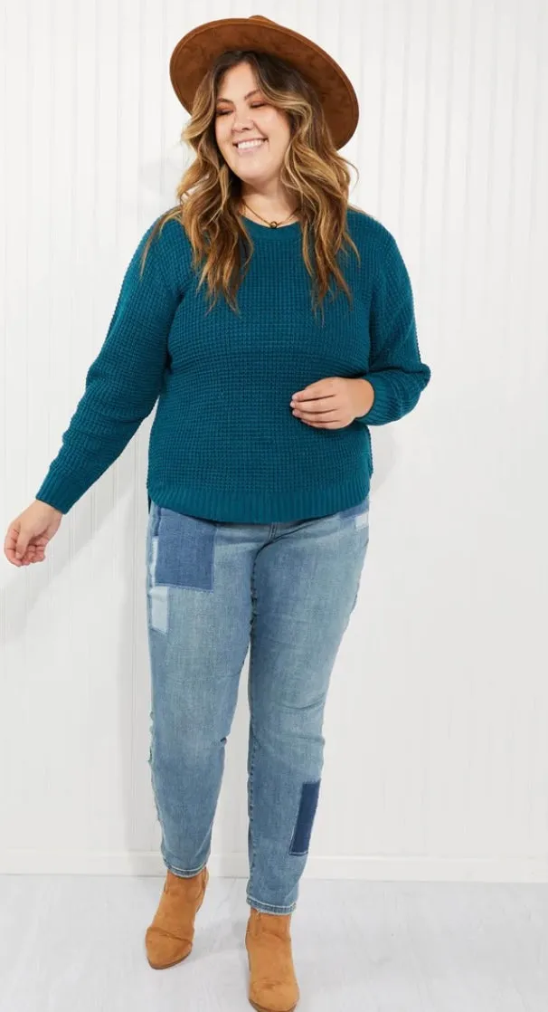 Autumn is Calling Waffle Knit Sweater in Teal