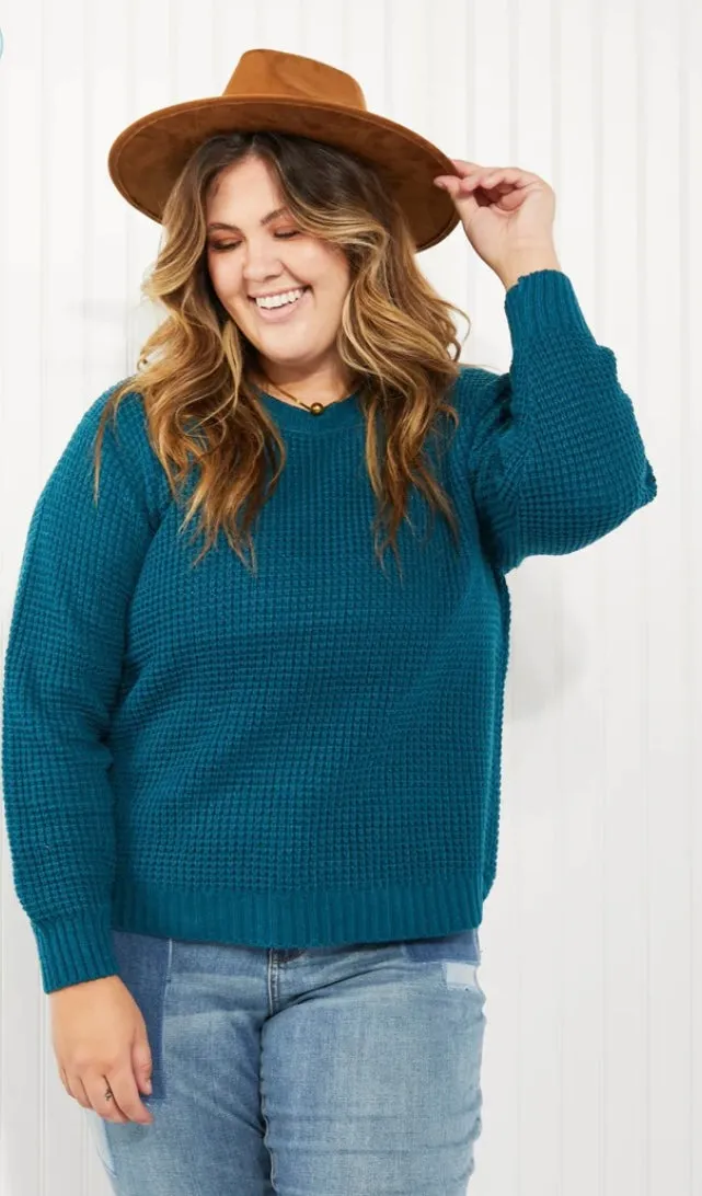 Autumn is Calling Waffle Knit Sweater in Teal