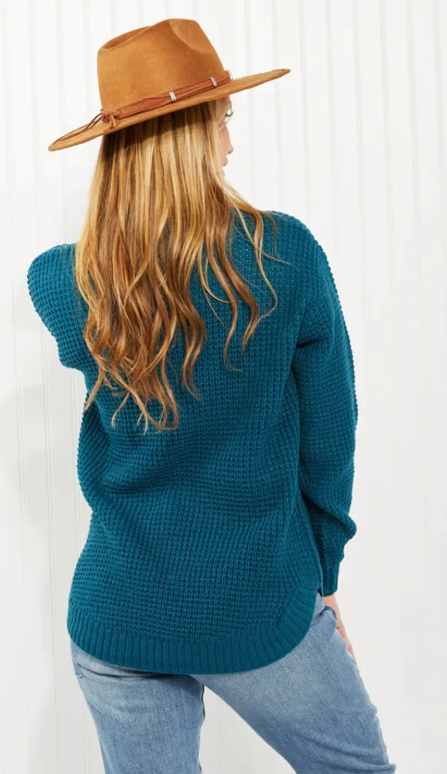 Autumn is Calling Waffle Knit Sweater in Teal