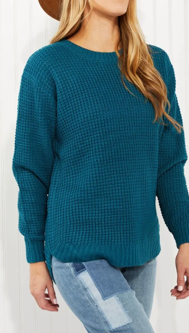 Autumn is Calling Waffle Knit Sweater in Teal