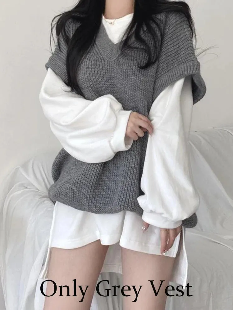 Autumn Winter Vest Women Korean Style Knitted Sweaters Female Oversized Preppy Jumper Ladies Casual Loose Long Sleeve Pullovers