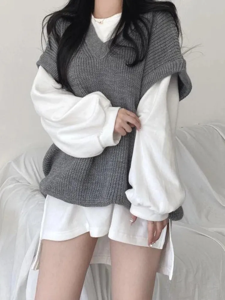 Autumn Winter Vest Women Korean Style Knitted Sweaters Female Oversized Preppy Jumper Ladies Casual Loose Long Sleeve Pullovers