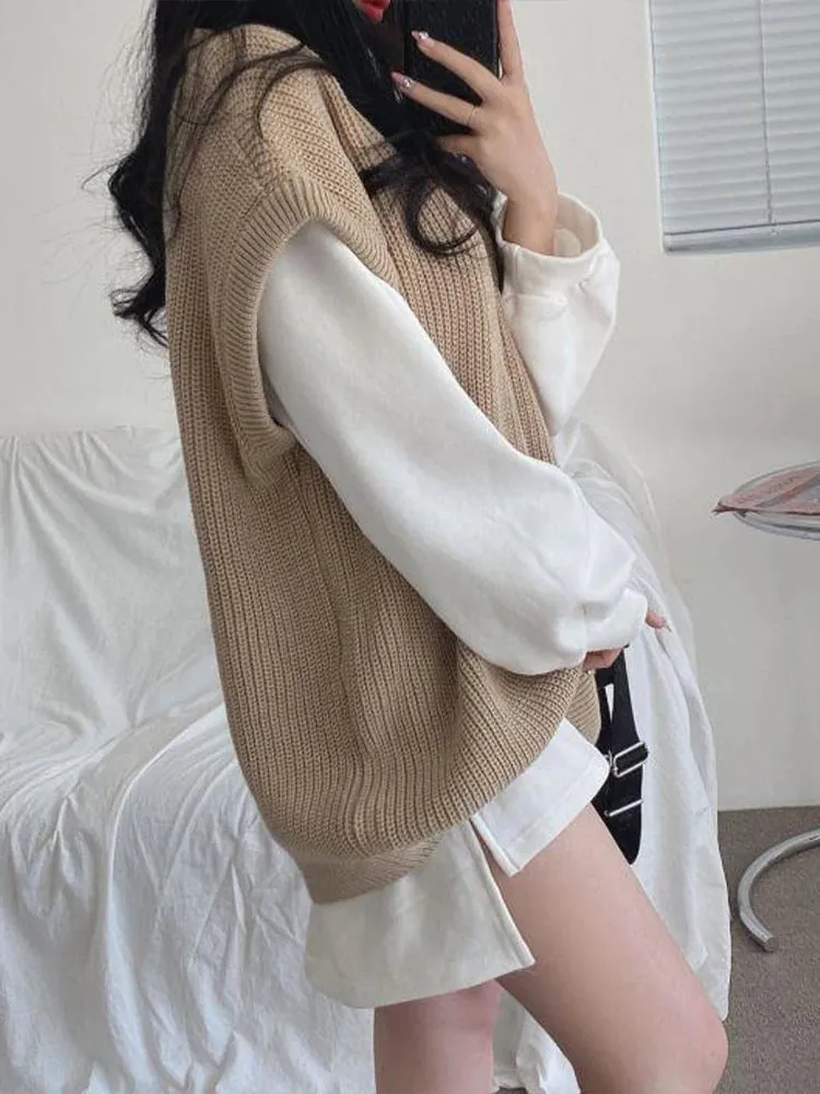 Autumn Winter Vest Women Korean Style Knitted Sweaters Female Oversized Preppy Jumper Ladies Casual Loose Long Sleeve Pullovers