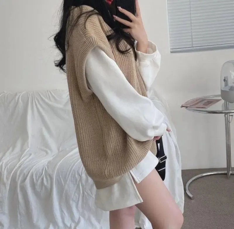 Autumn Winter Vest Women Korean Style Knitted Sweaters Female Oversized Preppy Jumper Ladies Casual Loose Long Sleeve Pullovers