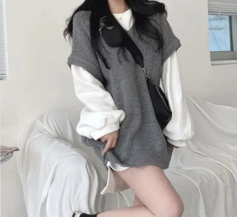 Autumn Winter Vest Women Korean Style Knitted Sweaters Female Oversized Preppy Jumper Ladies Casual Loose Long Sleeve Pullovers