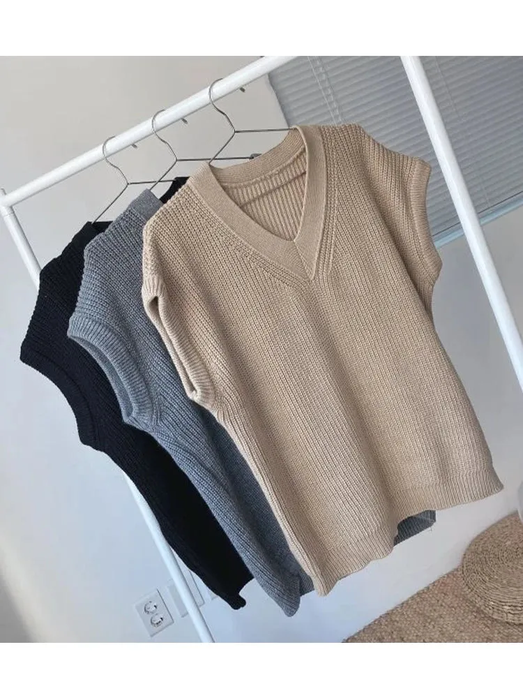 Autumn Winter Vest Women Korean Style Knitted Sweaters Female Oversized Preppy Jumper Ladies Casual Loose Long Sleeve Pullovers