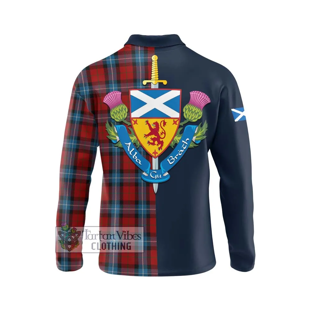 Baillie of Polkemmet Red Tartan Long Sleeve Polo Shirt Alba with Scottish Lion Royal Arm Half Style