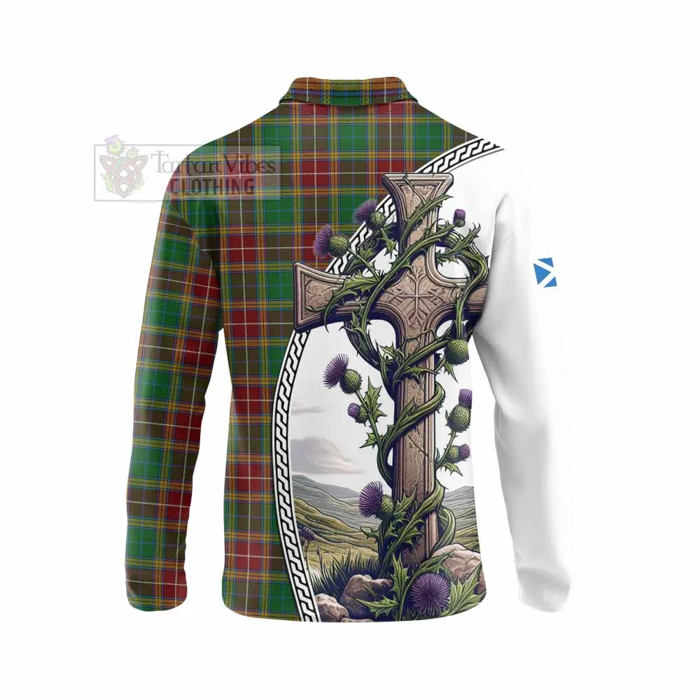 Baxter Tartan Long Sleeve Polo Shirt with Family Crest and St. Andrew's Cross Accented by Thistle Vines